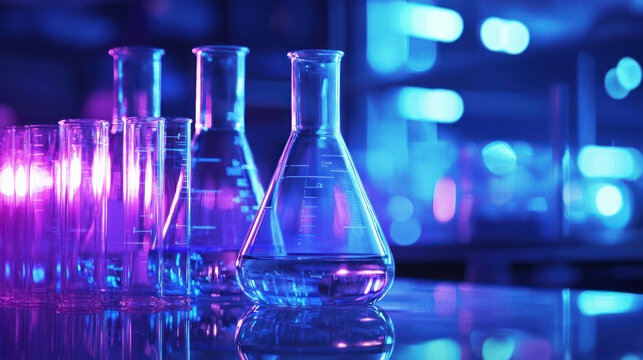 A row of test tubes and beakers in a laboratory setting, illuminated by blue and purple lights.