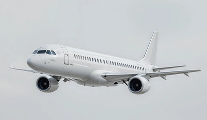 A white passenger airplane in flight against a cloudy sky. Clean, modern design. Perfect for travel or aviation themes.