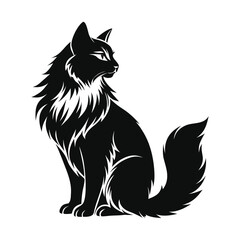 Stylized black cat with fluffy mane sitting and looking to the side isolated on white background