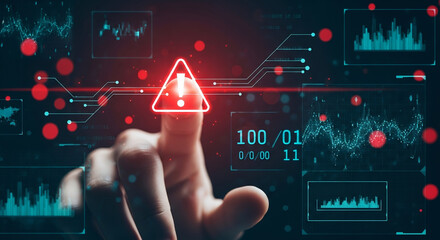 Finger touching digital warning sign with data charts and binary code