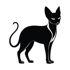 Elegant black sphynx cat silhouette with white accents isolated on white background