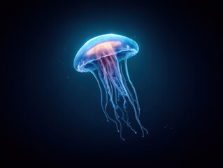  glowing jellyfish floats gracefully in dark blue ocean water, its translucent body and long tentacles illuminated by bioluminescence.