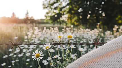 Knit Sweater Draped on Barbed Wire in a Daisy Field at Sunset