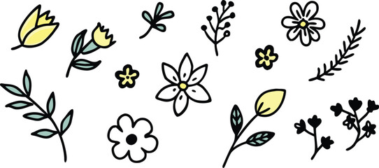 Hand-Drawn Floral Doodle Elements Set with Pastel Colors - Whimsical Flowers and Leaves

