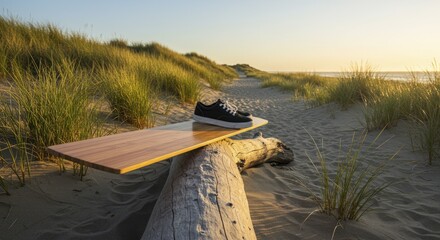 Naklejka premium Black Sneakers on a Wooden Board Resting on Driftwood at Beach