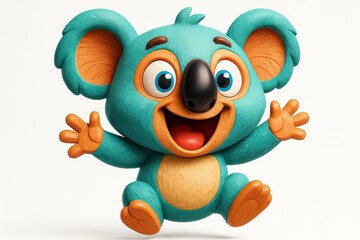 Cheerful cartoon koala illustration with turquoise fur orange accents and a big smile on white