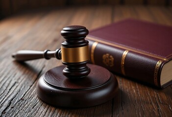 Wooden gavel and legal book on a polished wooden table, symbolizing justice and law.