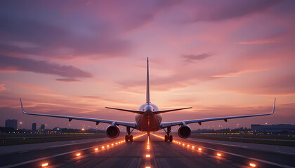 Airplane preparing for takeoff at sunset with runway lights and a colorful sky in the background