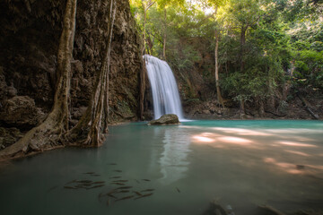 Landscape view of Erawan waterfall kanchanaburi thailand.Erawan National Park is home to one of the most popular falls in the thailand.