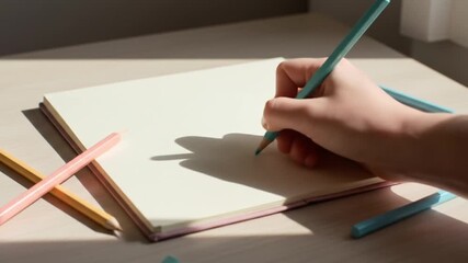Hand drawing in notebook with colored pencils nearby