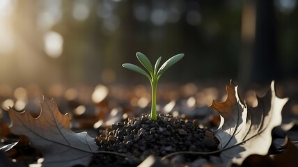 Green Seedling Emerging from Brown Leaves at Sunrise