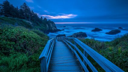 In the national park, a picturesque wooden boardwalk descends to the sea, surrounded by vibrant coastal greenery and rugged rocky mountains.