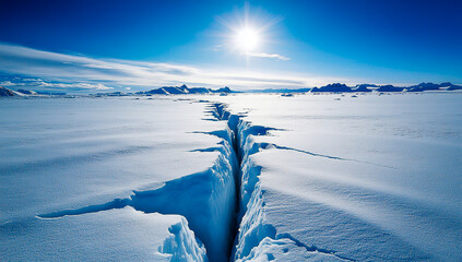In the center of an endless white snowfield, a deep crack stretches infinitely, allowing bright sunlight to enter, illuminating the serene winter landscape.