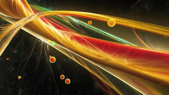Abstract cosmic swirls of gold, red, and teal, punctuated by small glowing orbs against a dark backdrop