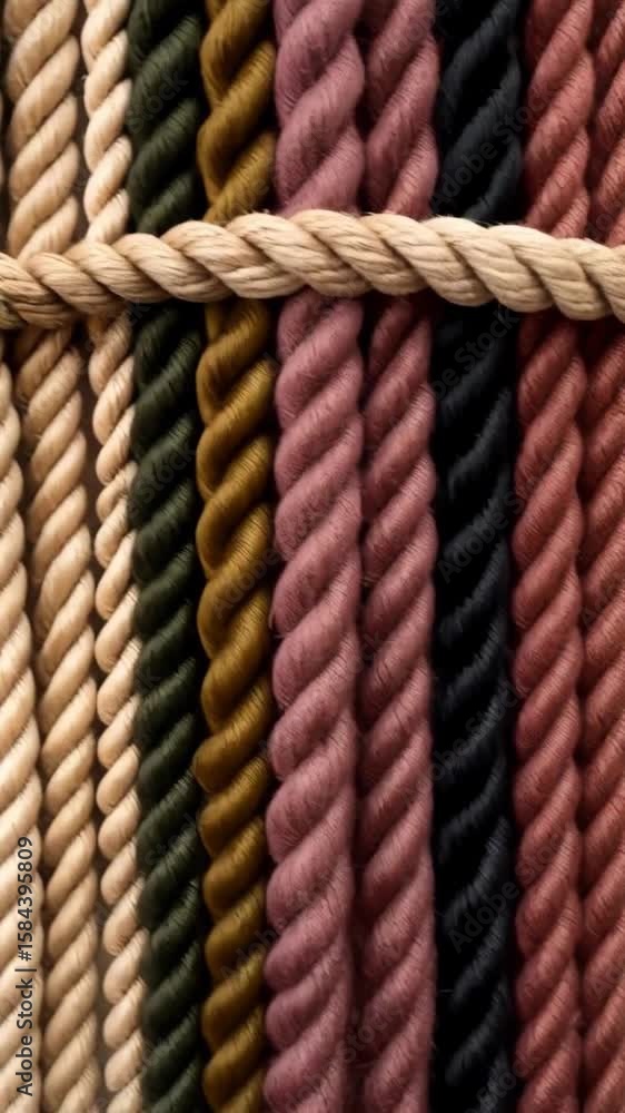 Poster close-up view of natural fiber ropes in rows with one rope crossing horizontally, creating textured 