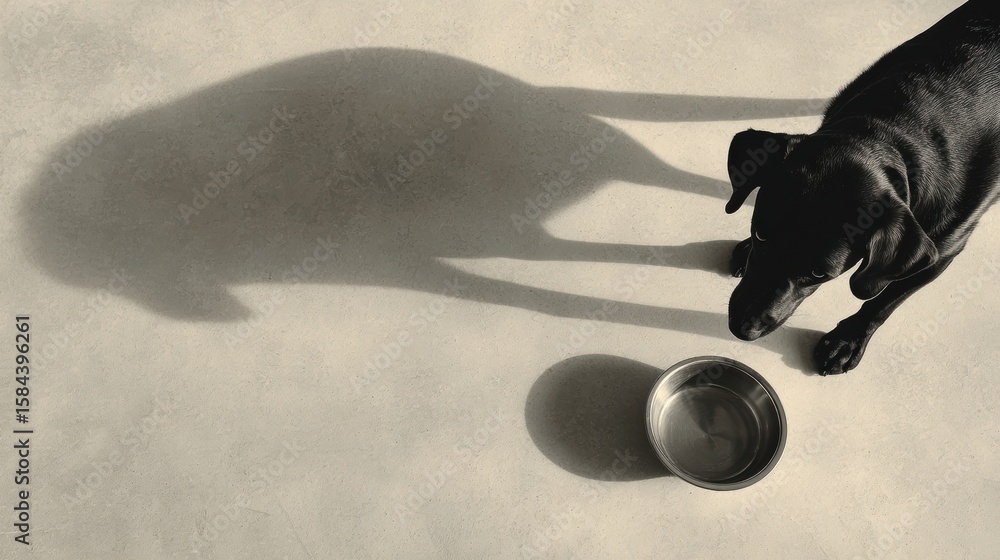 Poster black labrador stands beside an empty bowl with a shadow shaped like food on a minimal surface in so