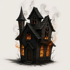 Dark gray haunted house illustration with glowing orange windows and smoke on white background
