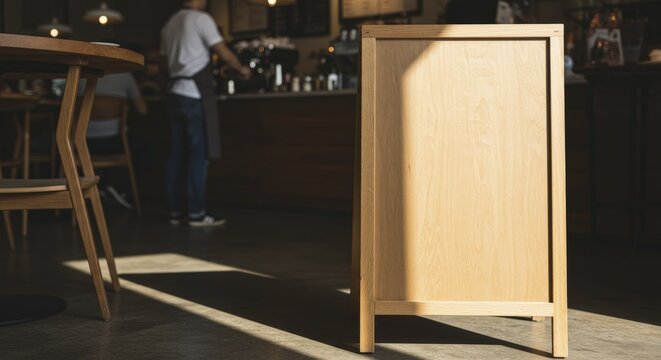 Blank wooden sandwich board stands in a sunlit cafe, barista vis