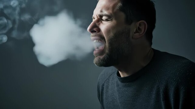 Intense Profile of Man Exhaling Smoke, Showcasing Strong Emotion and Disgust for Product