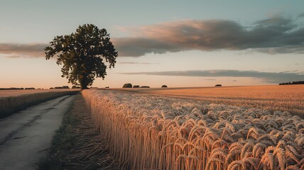 Summer Wheat Field with Dirt Road and Lone Tree Under Blue Sky