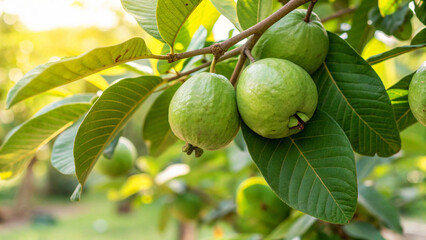 Guava on tree in garden, Guavas on tree in natural warm sunlight background