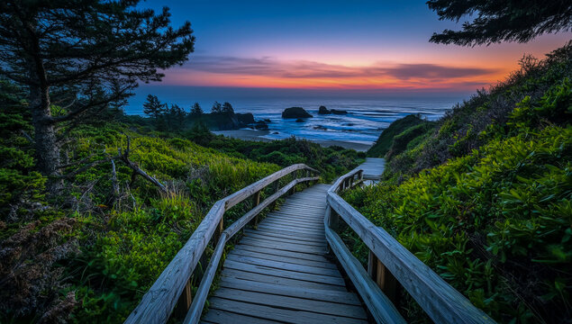 In the national park, a picturesque wooden boardwalk descends to the sea, surrounded by vibrant coastal greenery and rugged rocky mountains.