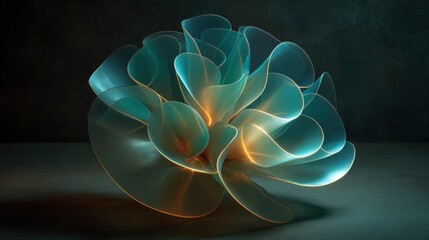 Fototapeta premium Abstract teal and gold organic sculpture with soft lighting and dark background