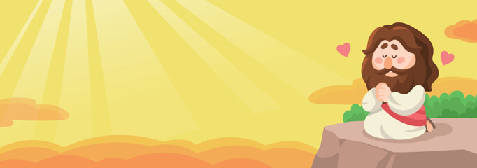 Illustration of cute cartoon Jesus praying on cliff with sunset background Christian and Catholic banner design for children's Sunday classes