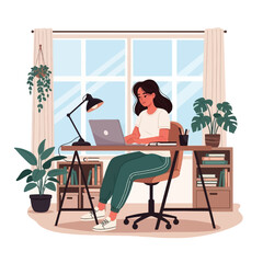 Young woman working from home at a desk with laptop, surrounded by plants and books.