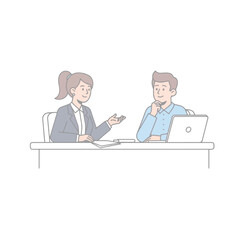 Business meeting illustration of a woman and man discussing work.