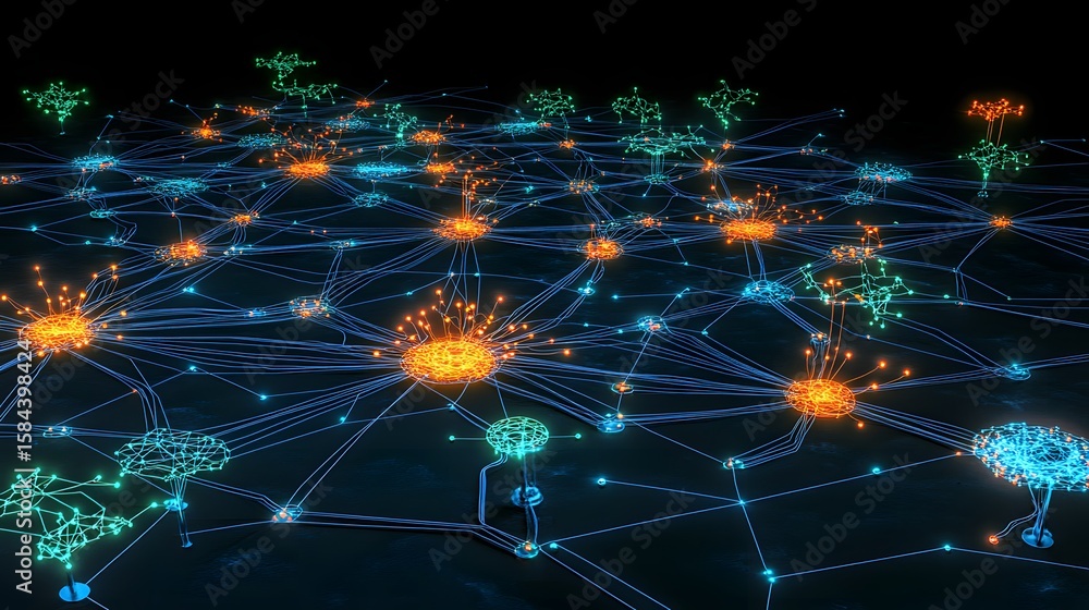 Poster network of interconnected nodes with glowing connections.