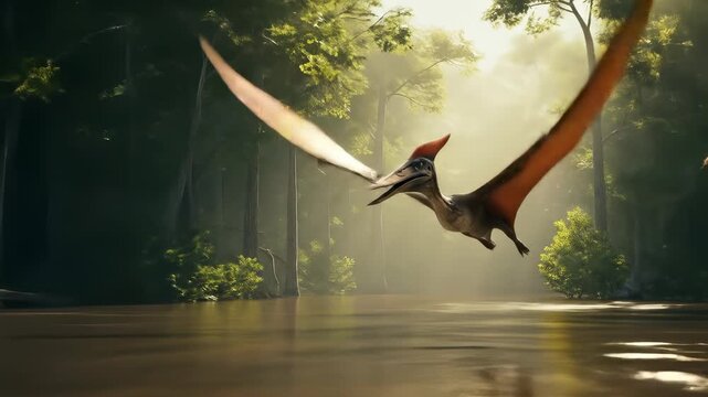 Pterodactyl soars over a pristine lake, illuminated by sunlight penetrating the forest