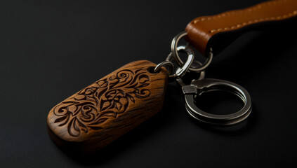 On a black background, an engraved keychain featuring detailed wood grain textures and a sturdy leather strap is displayed, highlighting its rustic and technical design.