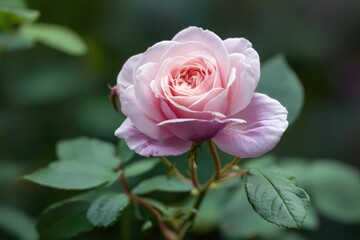 Close up of pale pink roses in summer light purple rose against green garden backdrop