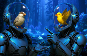 Birdie stands inside a space glass helmet controlling the robot, which is arguing, with a forest illuminated by blue light in the background.