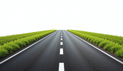 Asphalt road stretching to the horizon, flanked by vibrant green grass. Clean, simple image perfect for travel or journey concepts.