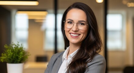 Obraz premium Photo of smiling brunette businesswoman with glasses poses in a modern office