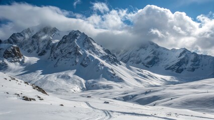 Snowy Mountain Landscape Dramatic Composition, Cloud-Covered Peaks, Winter Scenery, Alpine Photography Skiing, Mountains