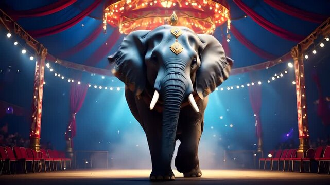 Magnificent Elephant in a Grand Circus Ring Under Spotlight, Captivating Performance