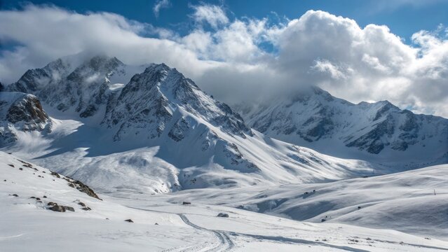 Snowy Mountain Landscape Dramatic Composition, Cloud-Covered Peaks, Winter Scenery, Alpine Photography Skiing, Mountains - Powered by Adobe