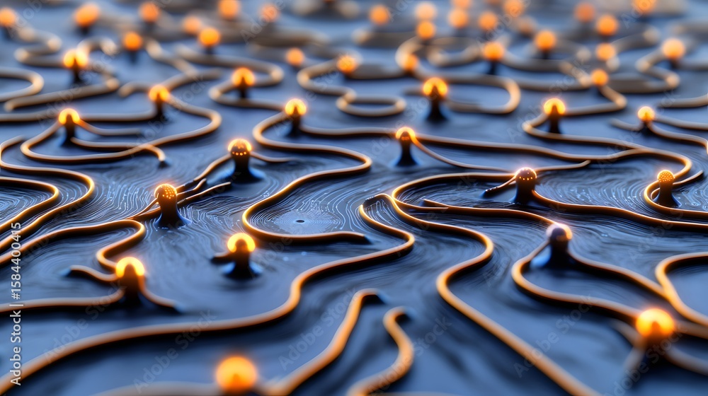 Poster intricate network of glowing orbs connected by flowing lines.