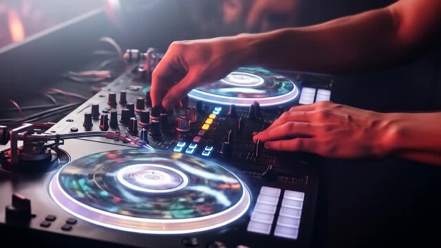 A closeup of a DJs hands operating a turntable and mixer