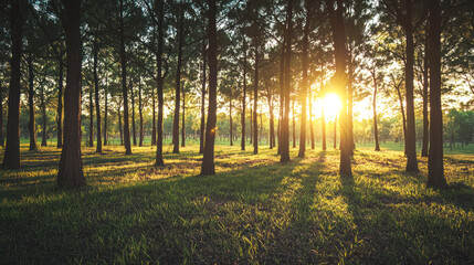 Obraz premium A serene, tranquil forest scene with tall, slender trees casting long shadows on the grassy ground, a golden sun setting behind the trees, and a peaceful, calm atmosphere