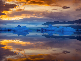 Iceberg formations in the Glacial Lagoon in Iceland, at sunset
