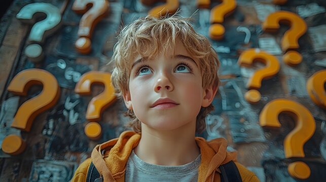 Curious child surrounded by floating question marks