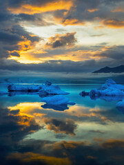 Iceberg formations in the Glacial Lagoon in Iceland, at sunset
