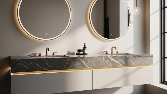 Bathroom vanity with marble countertop, two round led mirrors, and gold faucets near window