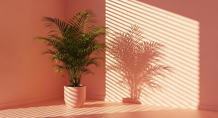 Photo of a potted plant casts a shadow from sunlight through blinds