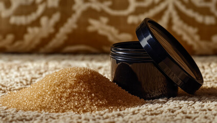 On the soft carpet sits a bamboo and black plastic jar, filled with a generous amount of brown sugar, the open lid revealing the thick, textured sweetness inside.
