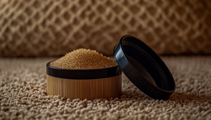 On the soft carpet sits a bamboo and black plastic jar, filled with a generous amount of brown sugar, the open lid revealing the thick, textured sweetness inside.